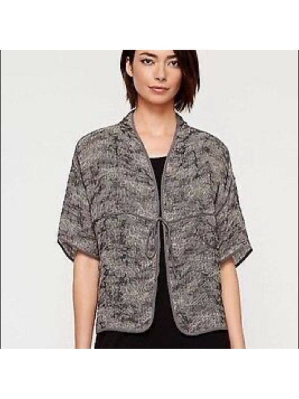 Eileen Fisher Gray Half-Sleeve Jacquard Tie-Front Linen-Blend Jacket